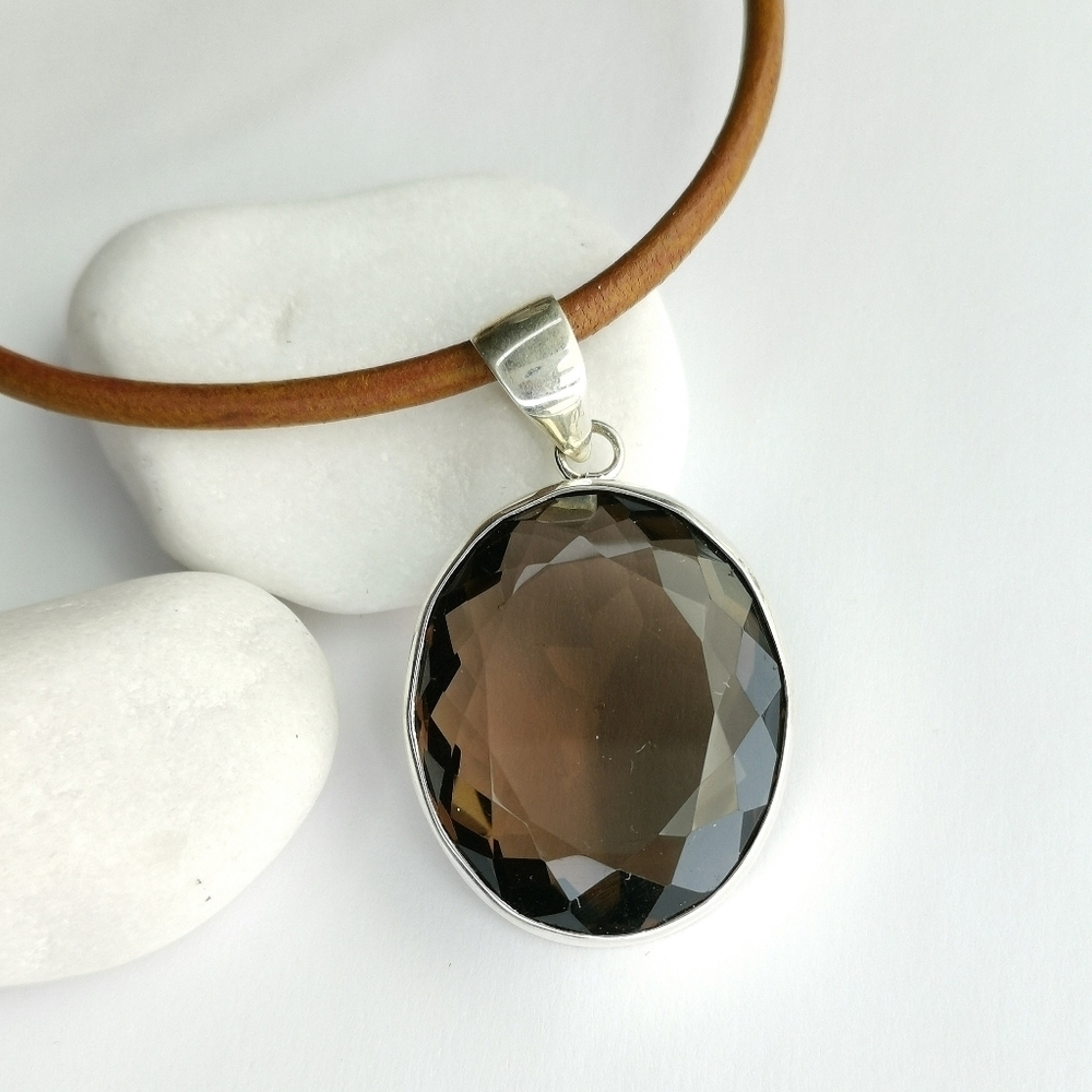 Large Smokey Topaz pendant necklace in Sterling Silver